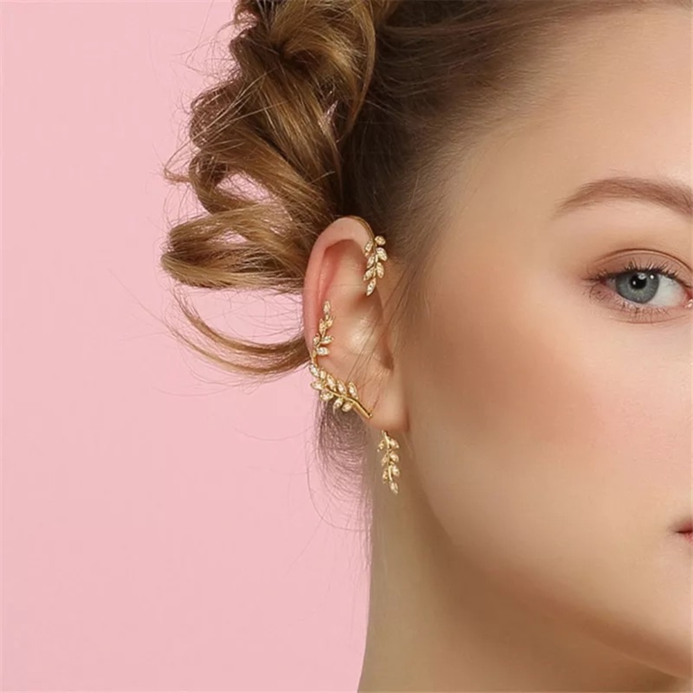 Boho Punk Delicate Dangling Crystal Olive Branch Earring Cuff